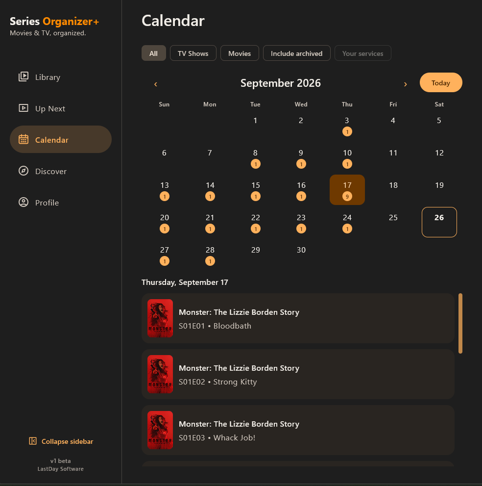 Series Organizer+ Windows desktop calendar screen