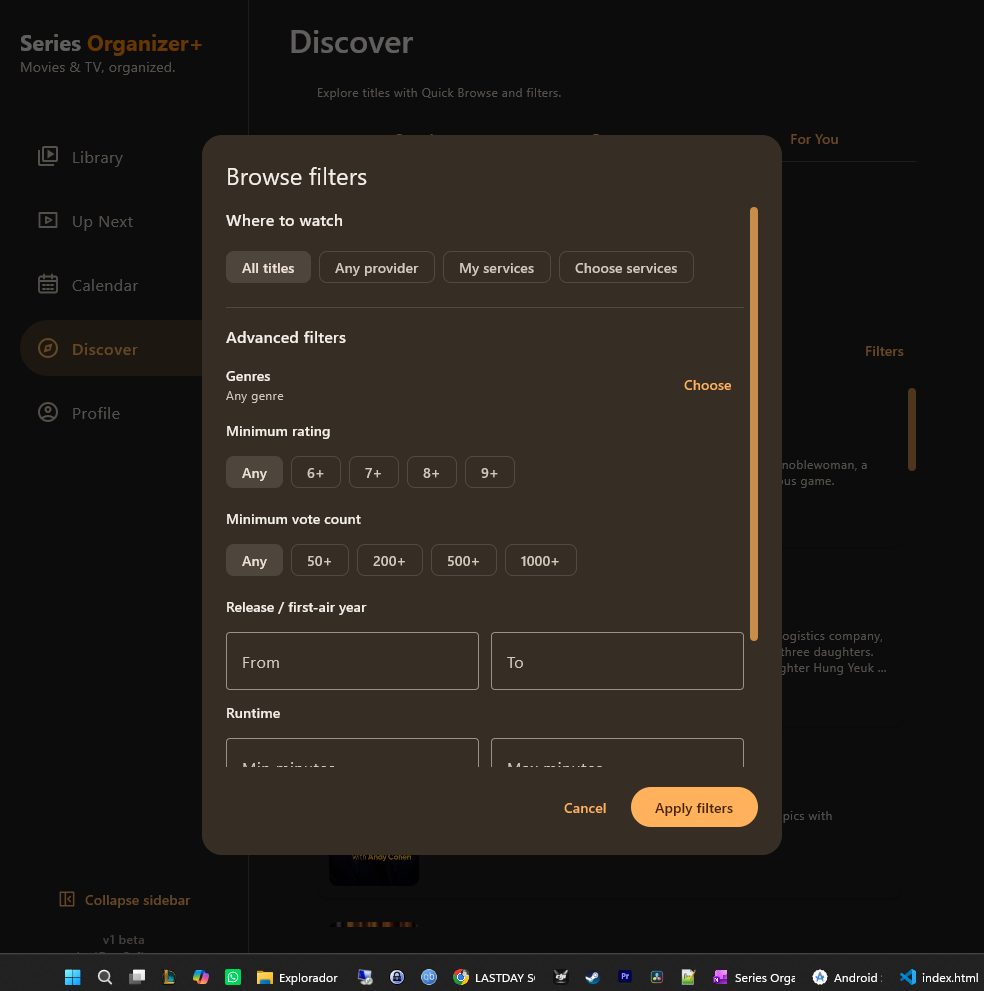 Series Organizer+ Windows desktop discovery filters